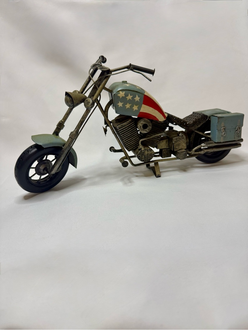 1960s Metal die-cast chopper motorcycle model with American flag motif 14” x 7”